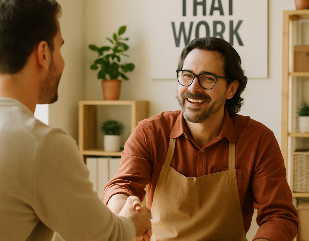 Dienstleister und Kunde in vertraulichem Gespräch an einem eckigen Tisch – beide lachen, entspannte Atmosphäre.