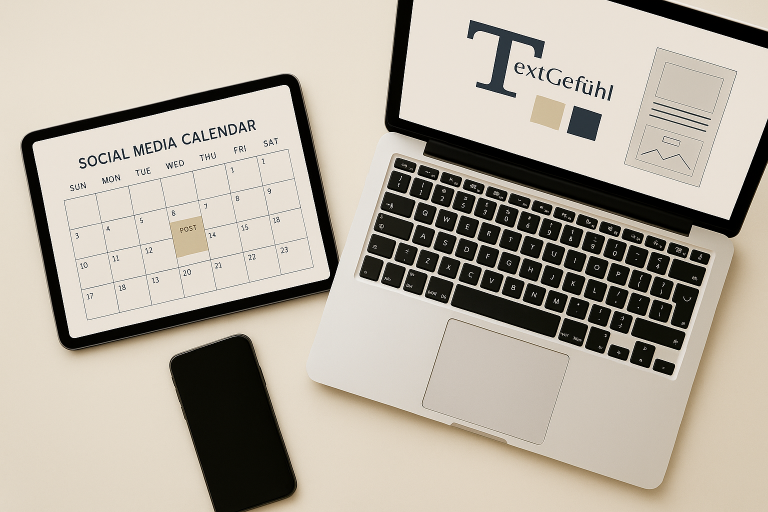 Tablet mit Social-Media-Redaktionsplan und Farbpaletten und Logo-Entwürfen