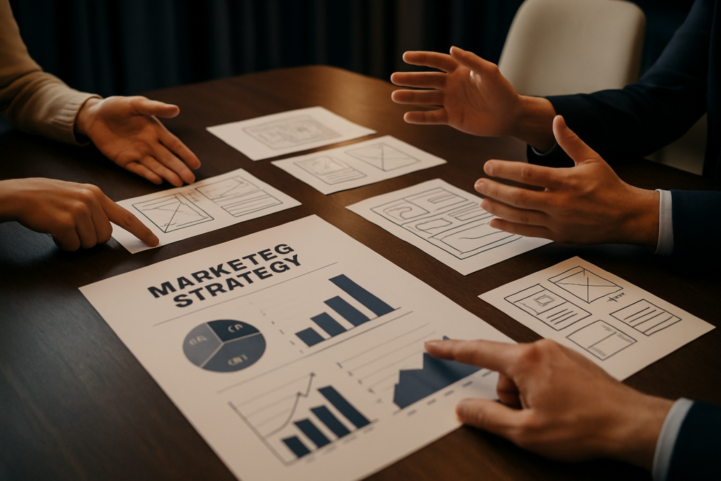 Printouts mit Marketing-KPIs und Wireframes auf Tisch in einem Meeting-Raum