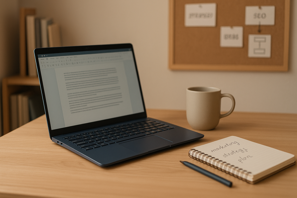 Arbeitsplatz für Texterstellung im Homeoffice mit Laptop und Notizbuch